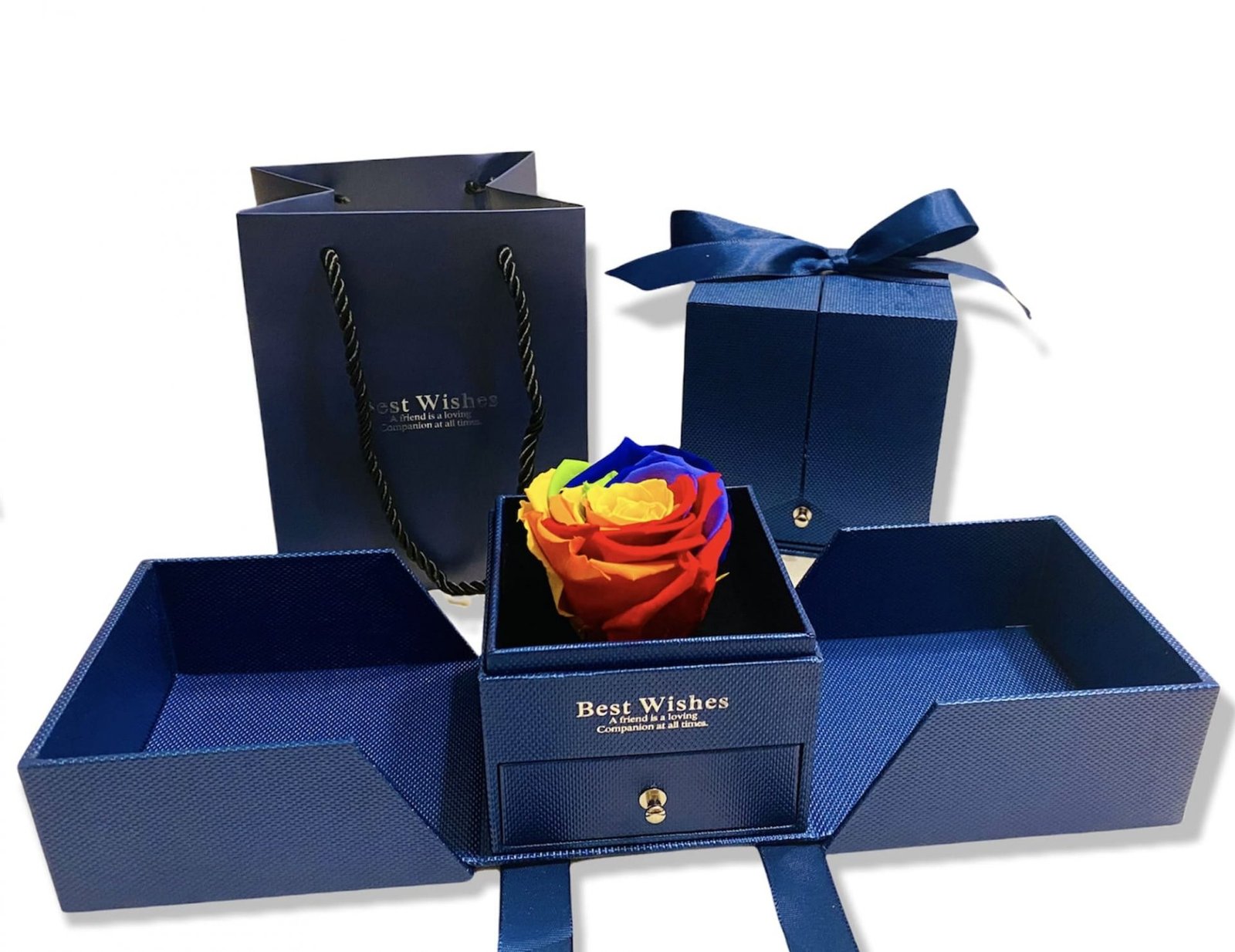 Rosa Multicolor scatola Blu, Portagioie La Bella e la Bestia rosa profumata, rosa vera in elegante scatola apribile con cassetto e rosa stabilizzata