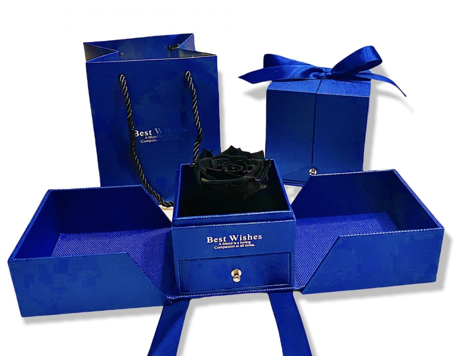 Rosa Blu scatola Blu, Portagioie La Bella e la Bestia rosa profumata, rosa vera in elegante scatola apribile con cassetto e rosa stabilizzata